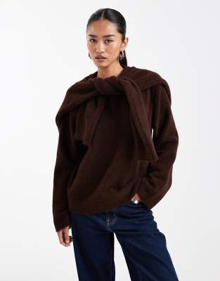 Asos Design Knit Sweater With Wool And Scarf In Brown