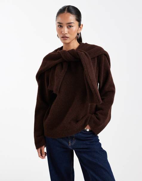 ASOS DESIGN knit sweater with wool and scarf in brown - view 1