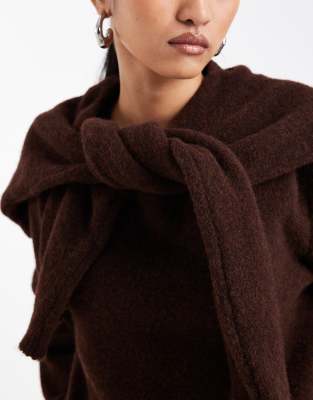 Asos Design Knit Sweater With Wool And Scarf In Brown