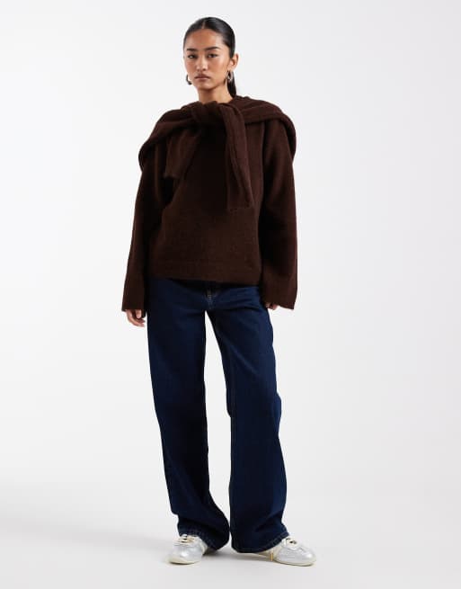 ASOS DESIGN knit sweater with wool and scarf in brown, 3 of 4