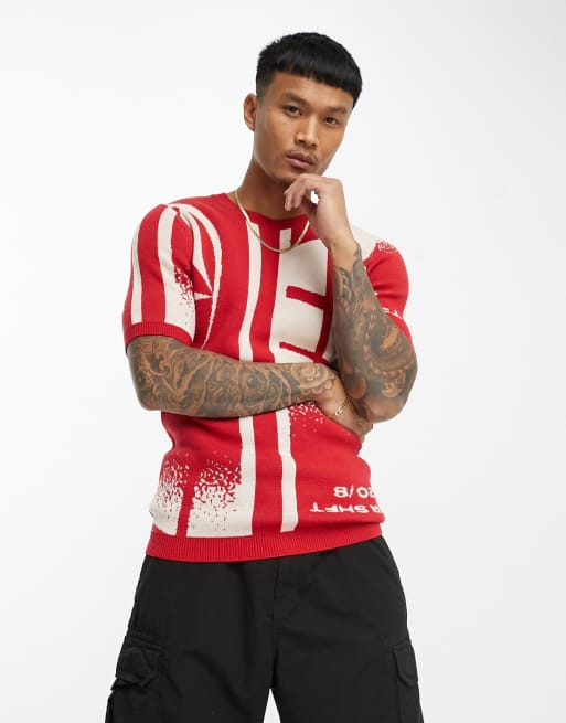 ASOS DESIGN knit t-shirt with all over print in red
