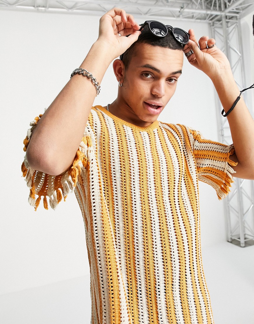 ASOS DESIGN knit T-shirt with textured stripes in pastel orange