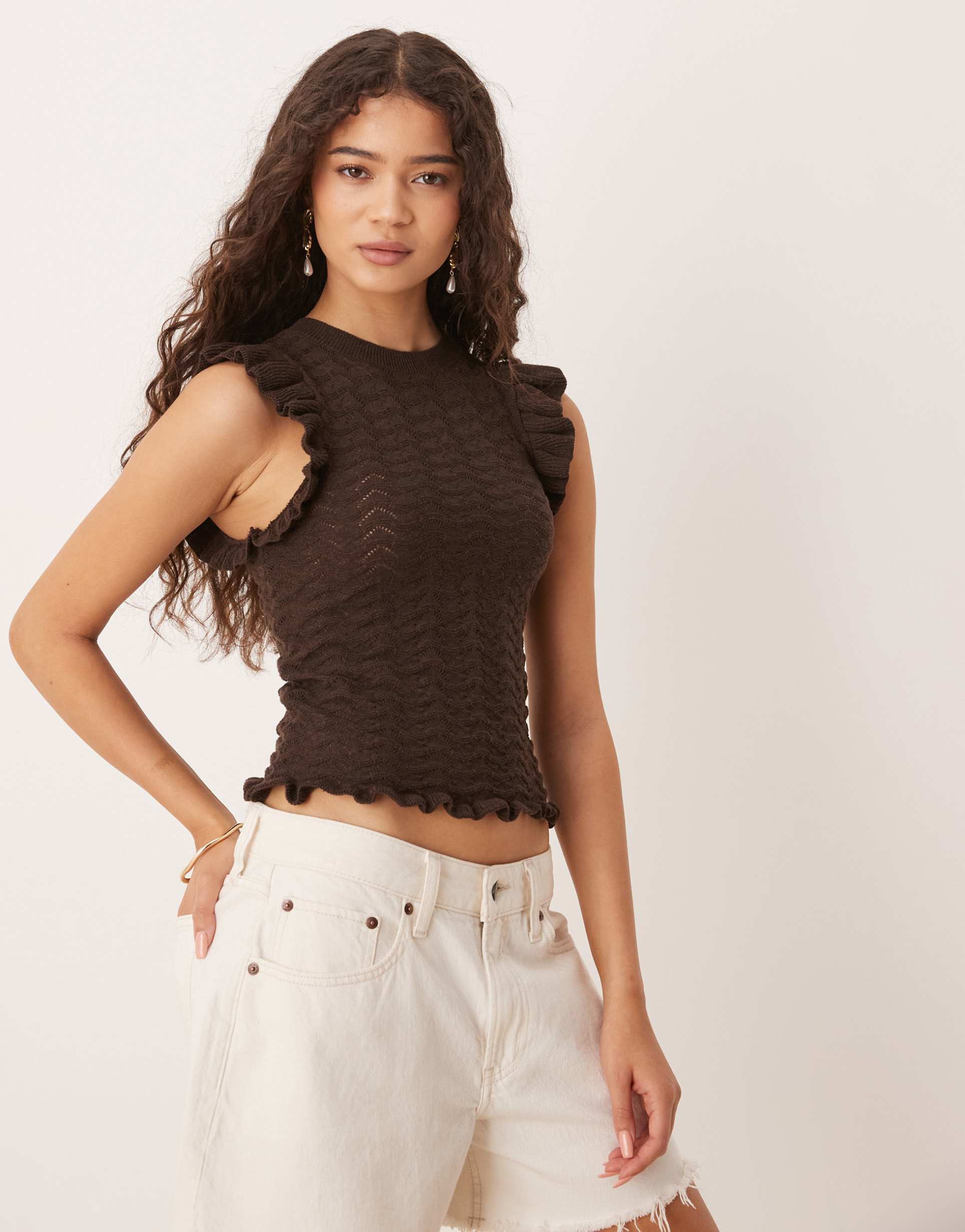 asos design knit tank in stitch with flutter sleeves in chocolate