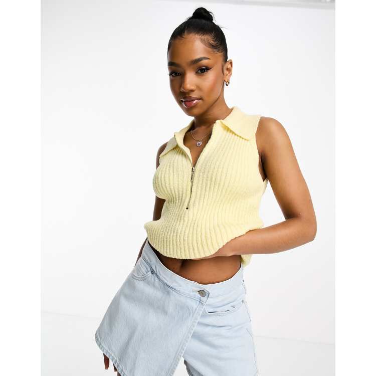 ASOS DESIGN knit tank top with collar and zip in butter yellow | ASOS