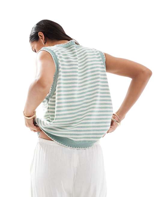 ASOS DESIGN knit tank top with contrast blanket stitch in green stripe