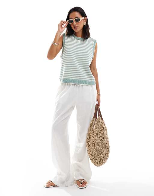 ASOS DESIGN knit tank top with contrast blanket stitch in green stripe