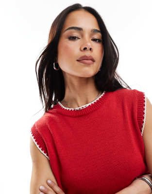Asos Design Knit Tank Top With Contrast Blanket Stitch In Red