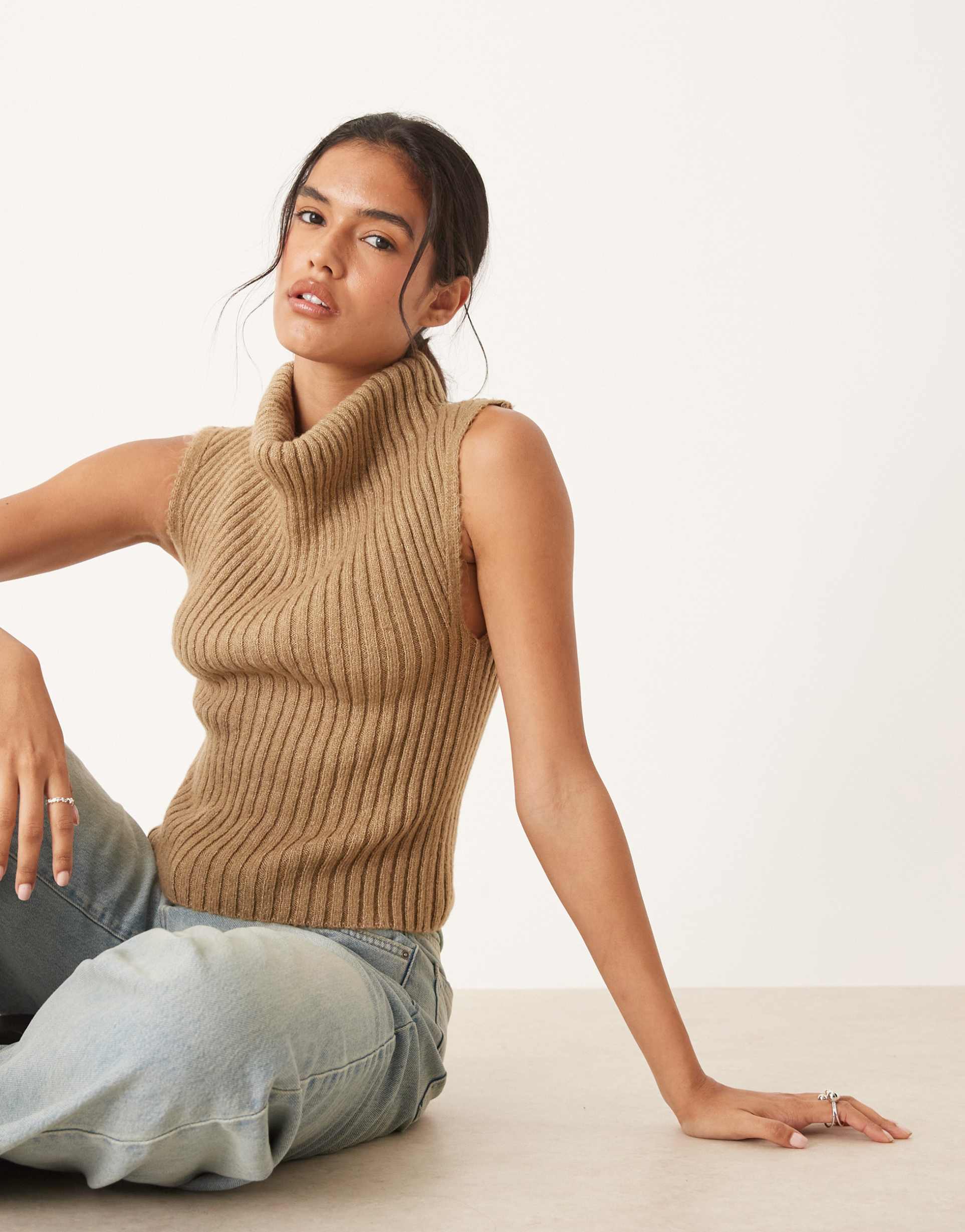 asos design knit tank top with draped neckline in mocha