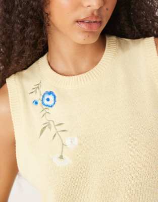 Asos Design Knit Tank Top With Embroidery In Yellow