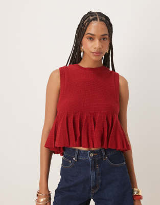 Asos Design Knit Tank Top With Peplum Frill Hem In Red
