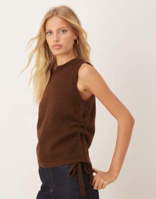 Asos Design Knit Tank Top With Ruching Detail In Brown