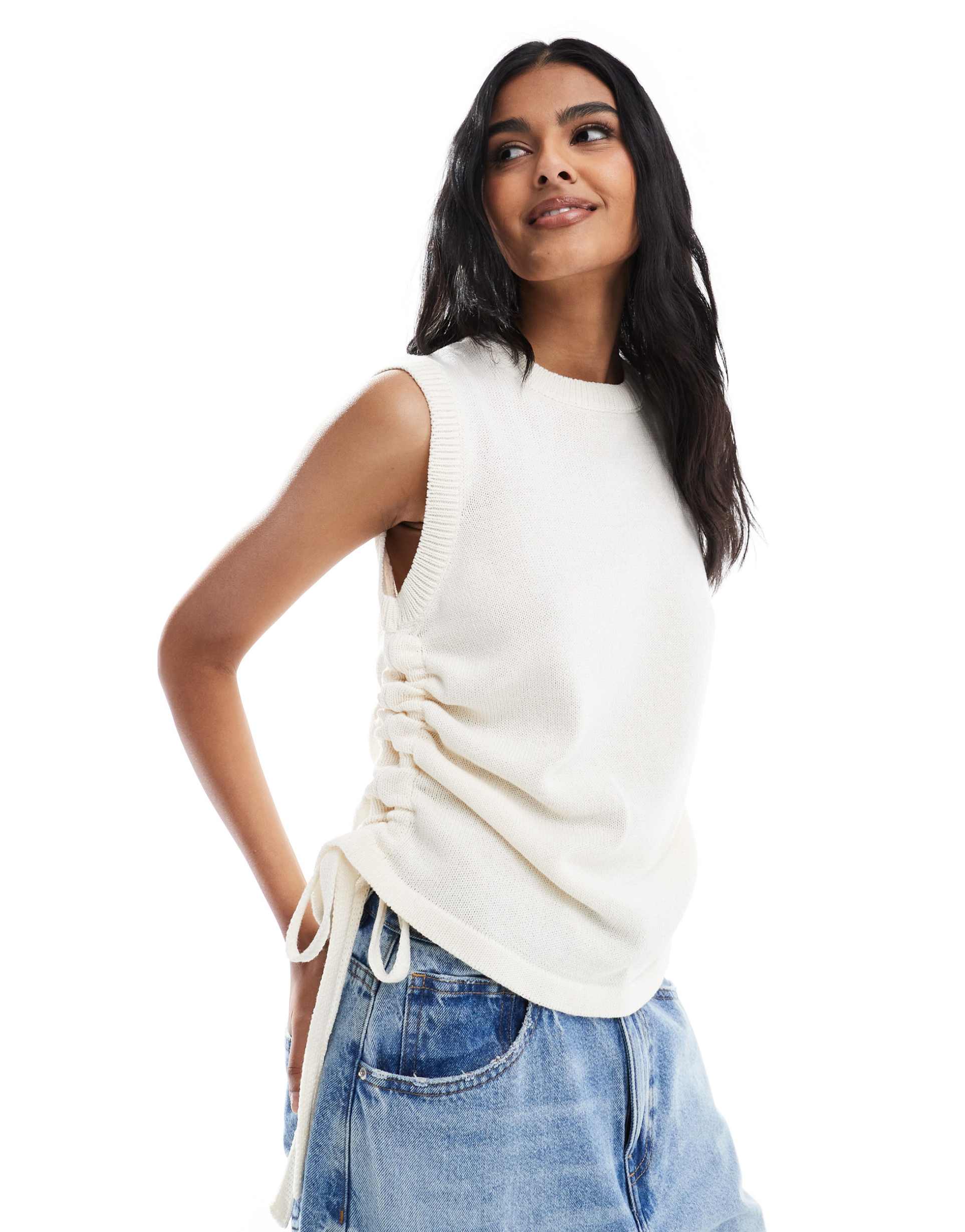asos design knit tank top with ruching in ecru