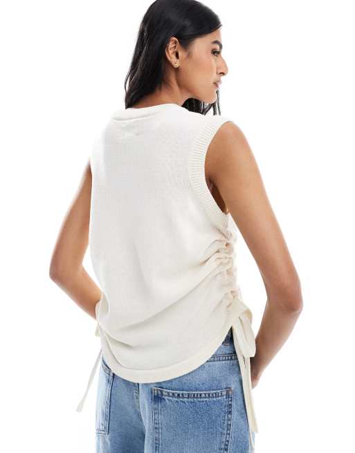 ASOS DESIGN knitted tank with ruching in ecru