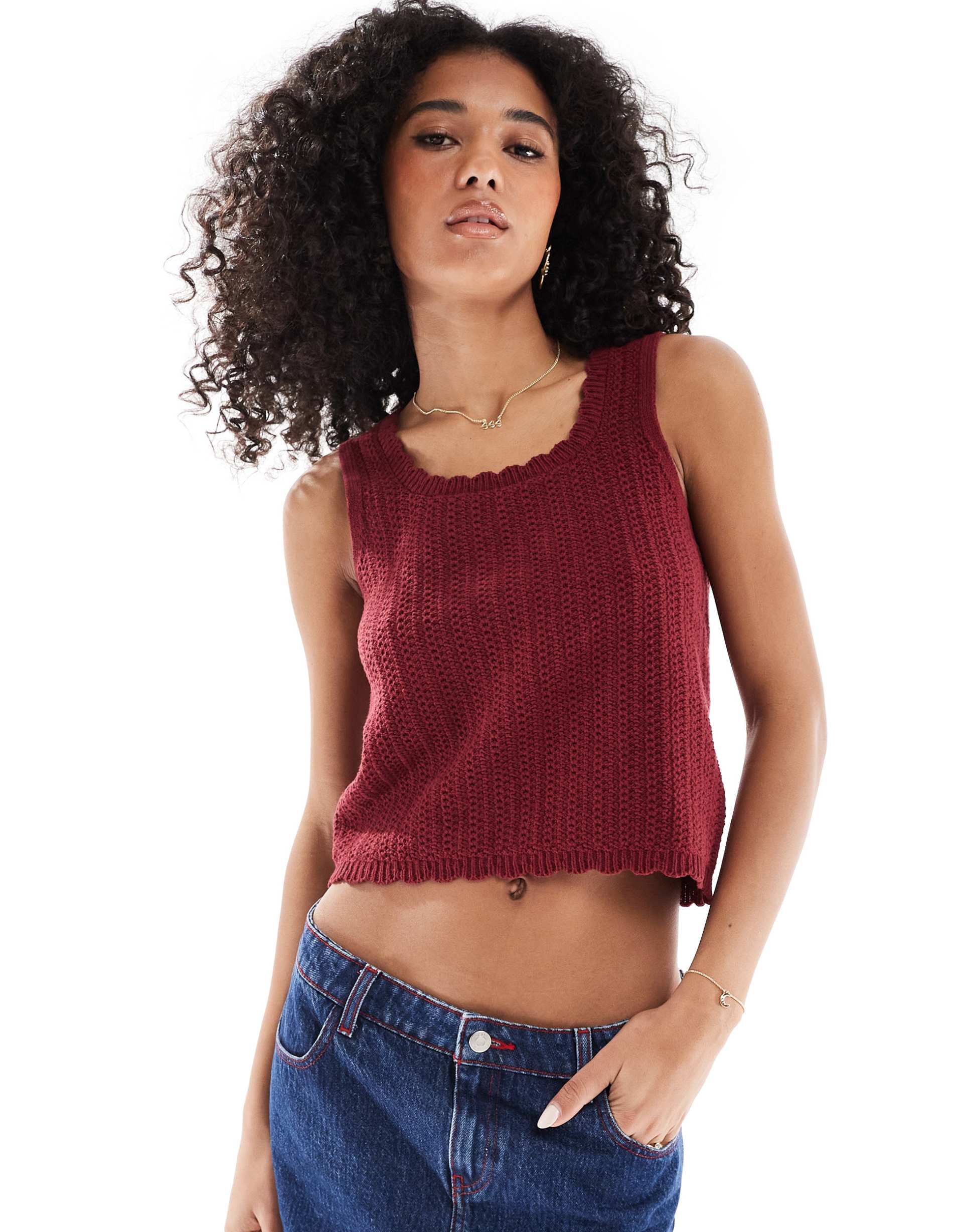 asos design knit tank top with scalloped edge in rust