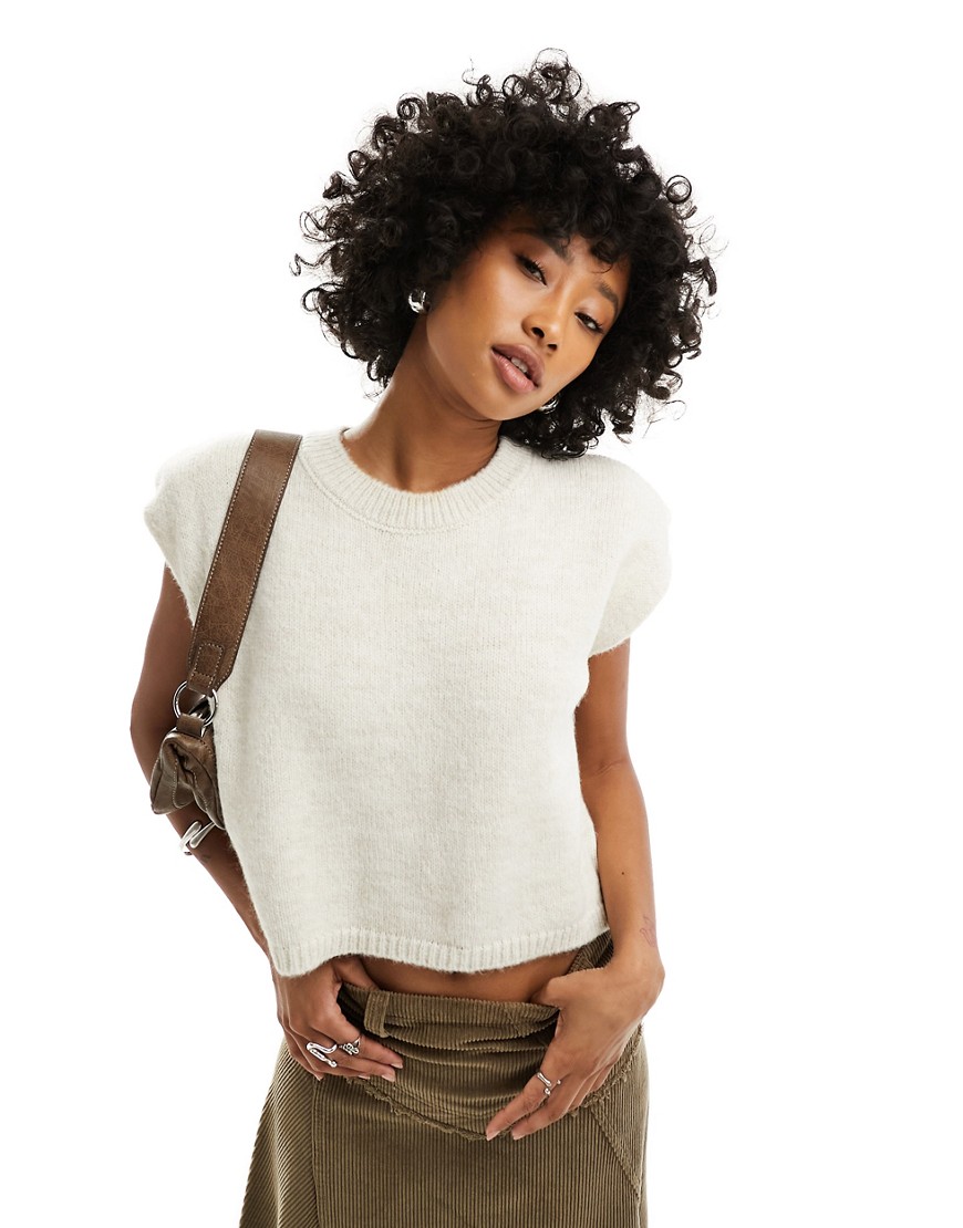Asos Design Knit Tank Top With Shoulder Pads In Cream-white