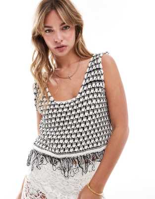 Asos Design Knit Tank Top With Tassel Trim In Mono-multi