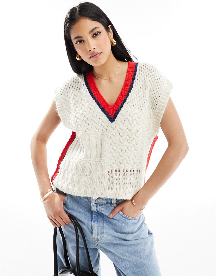 Asos Design Knit Tank Top With Tipped Edges In Cable Stitch-white