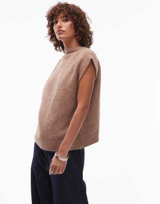 Asos Design Knit Tank Top With Wool With Curved Hem In Neutral