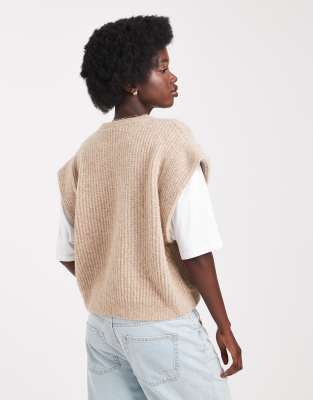 Asos Design Knit Tank With Jersey Sleeves In Neutral