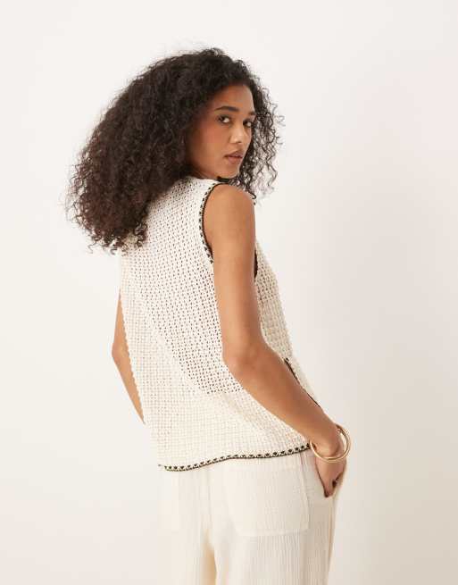 ASOS DESIGN knit tank with patch pockets and blanket stitch in ecru, 2 of 4