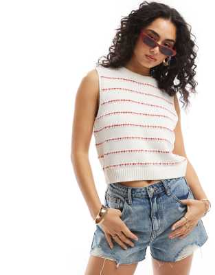 Asos Design Knit Tank With Rick Rack Stitch In Stripe In White And Red-multi