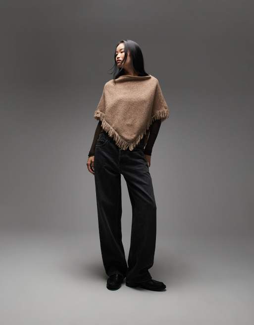 ASOS DESIGN knit tassel trim poncho in honey beige