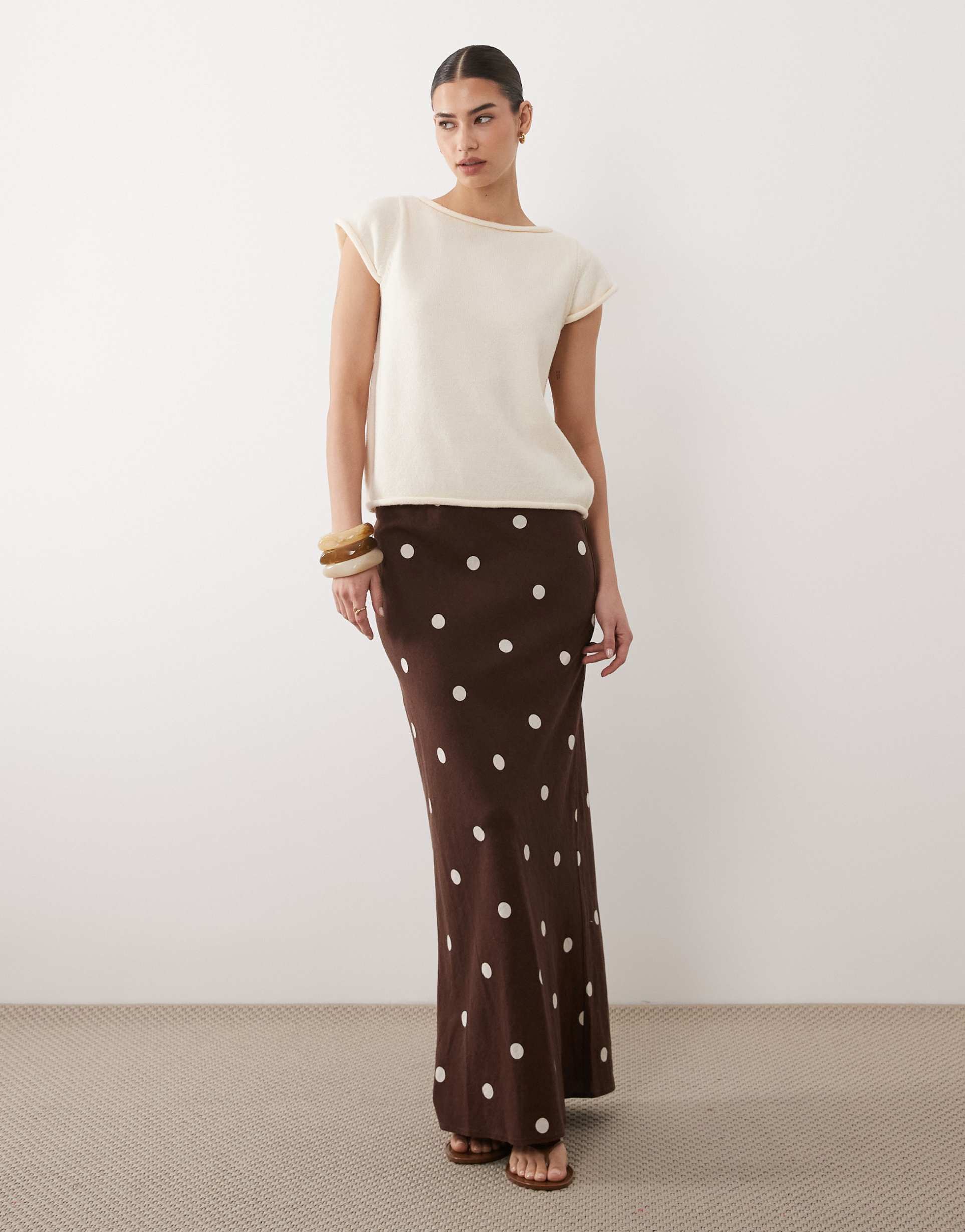 asos design knit tee with rolled edges in ecru