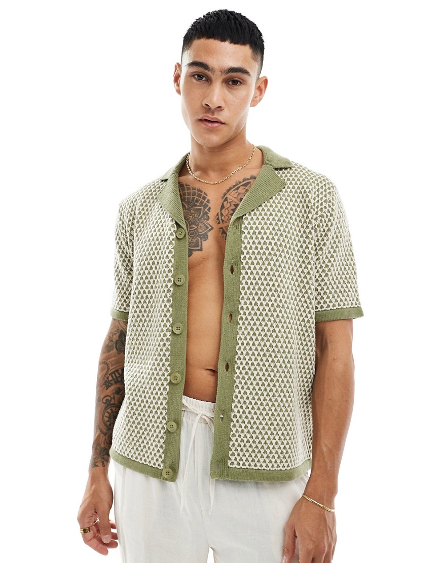Asos Design Knit Textured Button Up Polo In Green