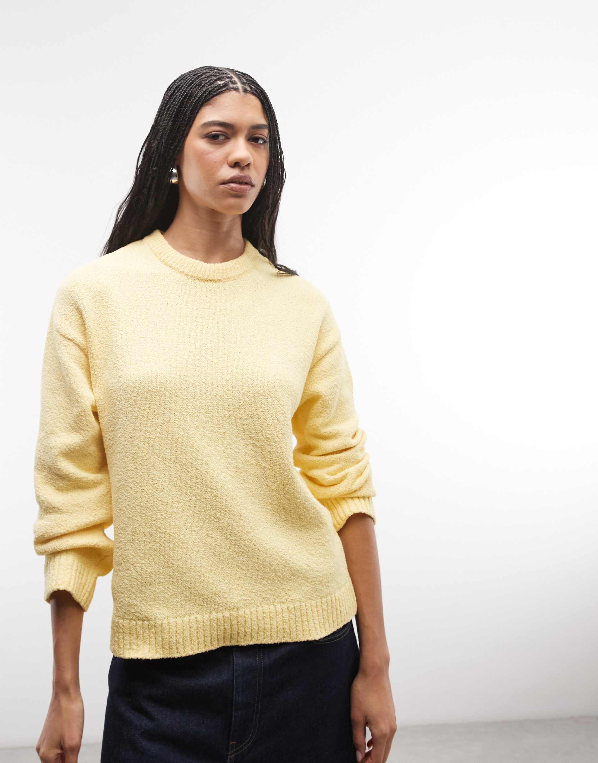 asos design knit textured cotton boucle sweater in buttermilk