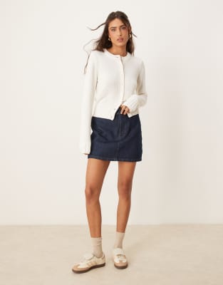 Asos Design Knit Textured Crew Neck Cardigan In White