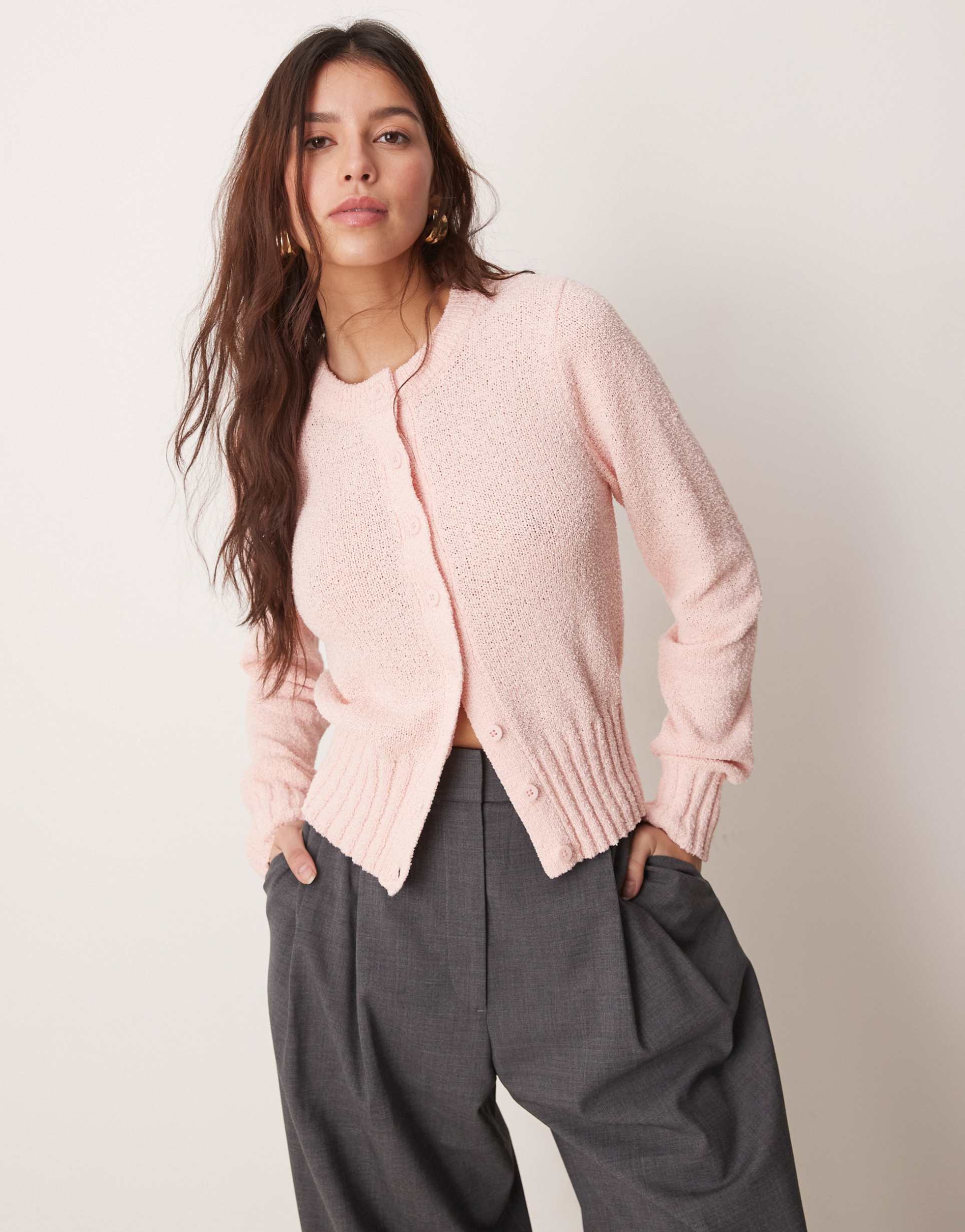 asos design knit textured crew neck cardigan in pink