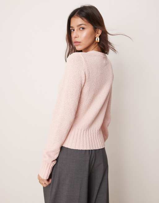 ASOS DESIGN knit textured crew neck cardigan in pink