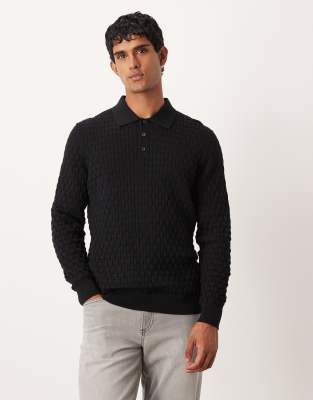 Asos Design Knit Textured Long Sleeve Polo In Black