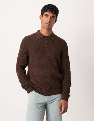 Asos Design Knit Textured Long Sleeve Polo In Brown
