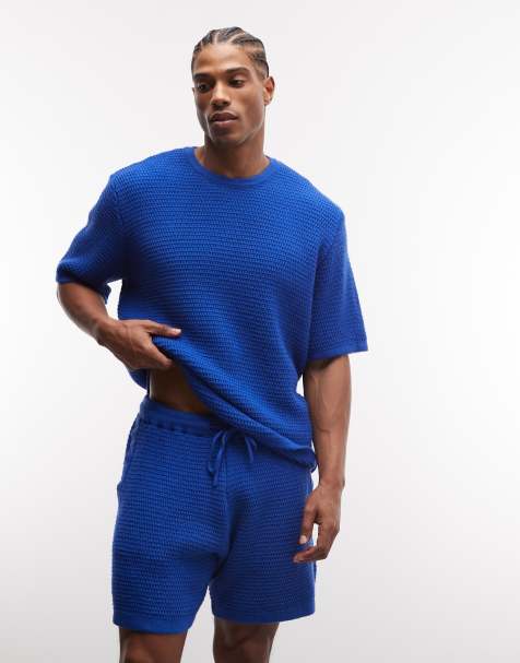 ASOS DESIGN knit textured shorts in blue - part of a set - view 1