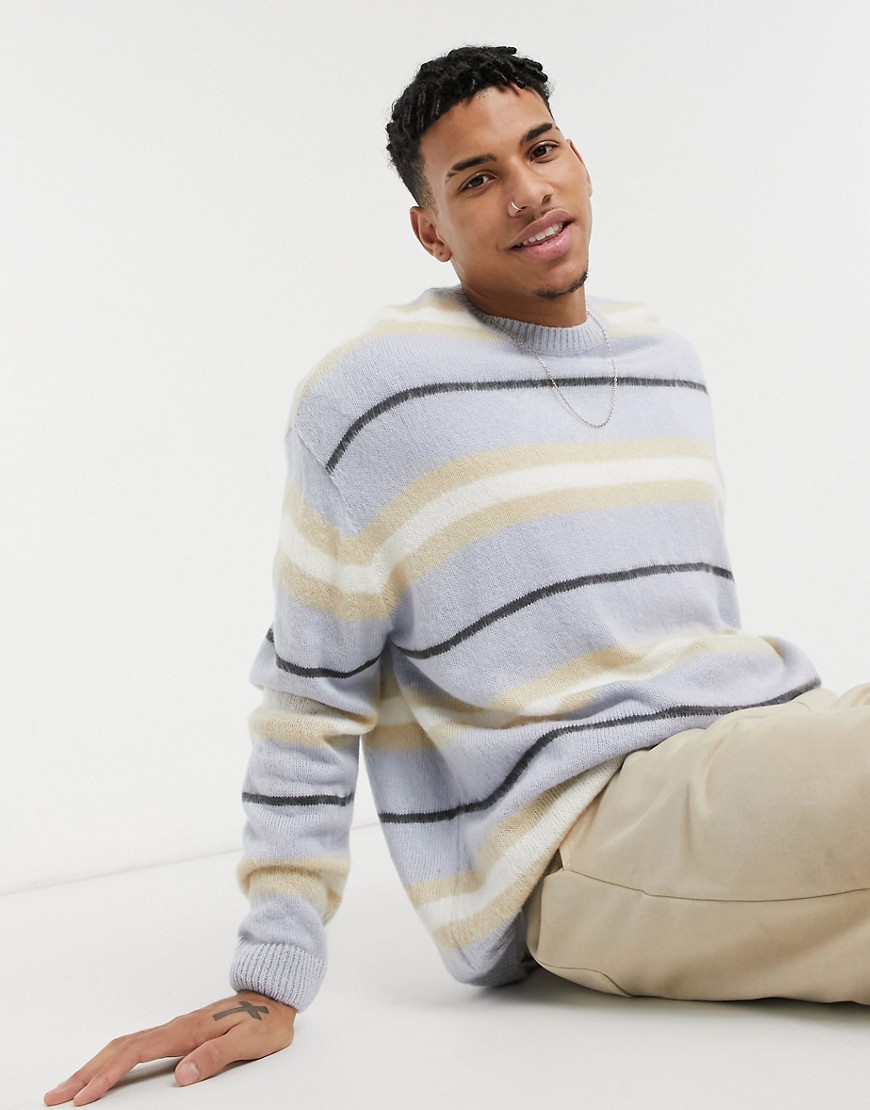 Asos Design Knit Textured Sweater In Baby Blue Stripes-blues