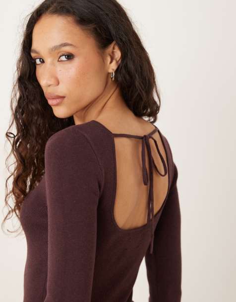 ASOS DESIGN knit tie-back fine-gauge top in plum - view 1