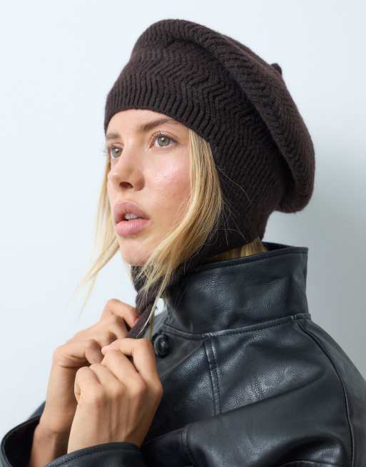 ASOS DESIGN knit tie beret in chocolate, 3 of 4