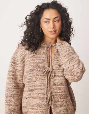 knit tie front cardigan in brown fleck