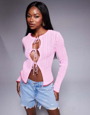 Asos Design Knit Tie Front Cardigan With Red Tipping Detail In Pink