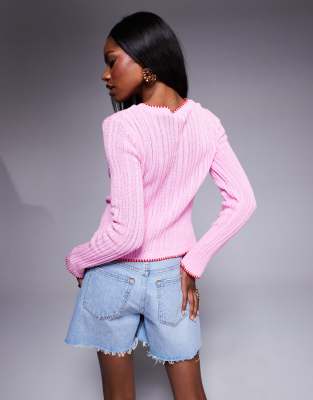 Asos Design Knit Tie Front Cardigan With Red Tipping Detail In Pink