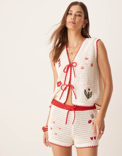 ASOS DESIGN knit tie front top with floral embroidery in ecru - part of a set - view 1