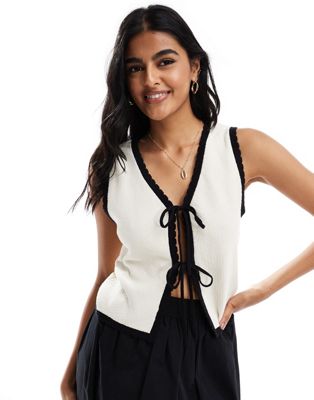 Asos Design Knit Tie Front Vest With Contrast Tipping In Cream And Black-multi