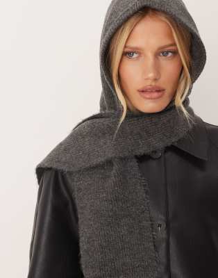 Asos Design Knit Tie Up Hooded Scarf In Gray