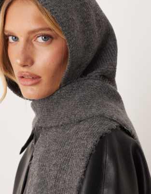 Asos Design Knit Tie Up Hooded Scarf In Gray