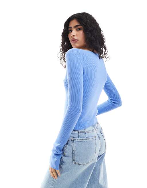 ASOS DESIGN knit top with boat neck in blue | ASOS