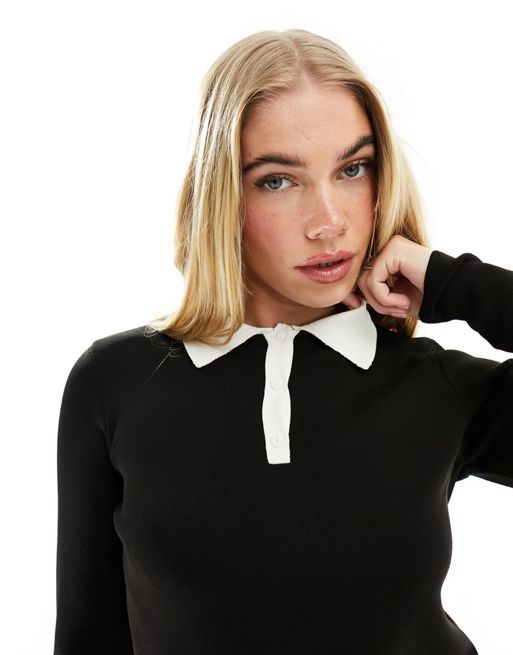 ASOS DESIGN knit top with collar and contrast trim in black - part of a set