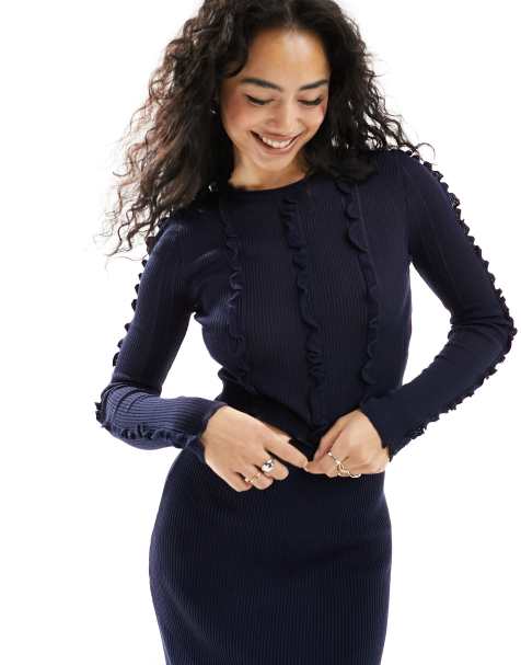 ASOS DESIGN knit top with frill and seam detail in navy - part of a set - view 1