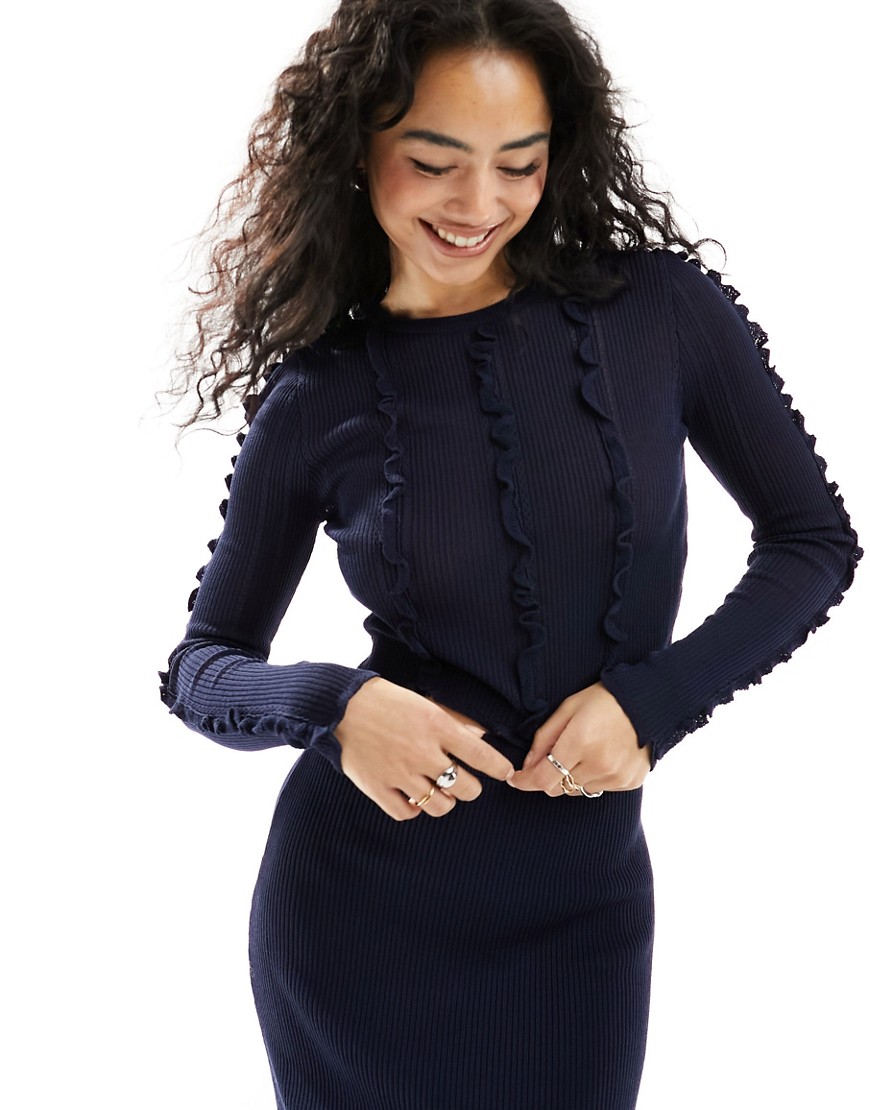 Asos Design Knit Top With Frill And Seam Detail In Navy - Part Of A Set