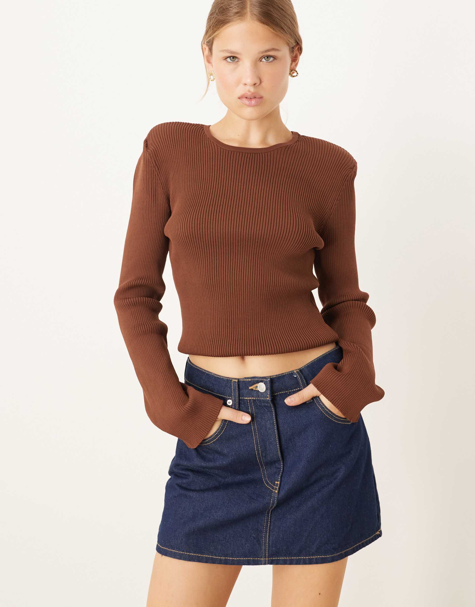 asos design knit top with shoulder pads in brown
